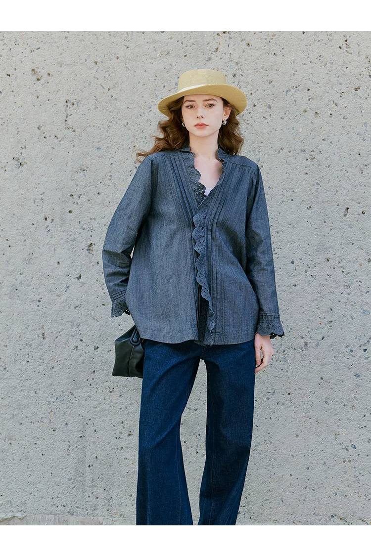 Geborduurde damesblouse met lange mouwen van linnen-katoenmix