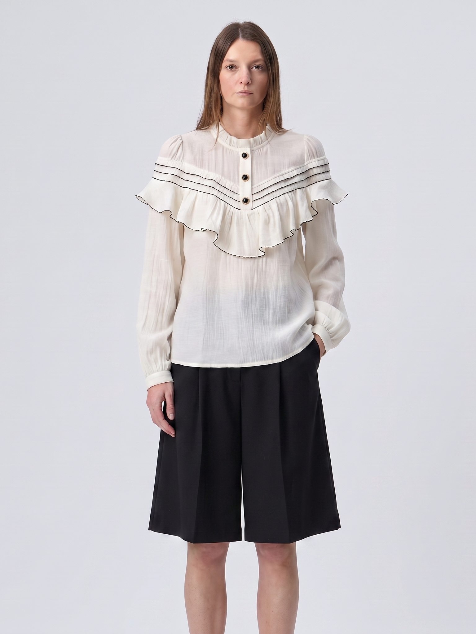 Lyocell damesblouse met ruches en lange mouwen
