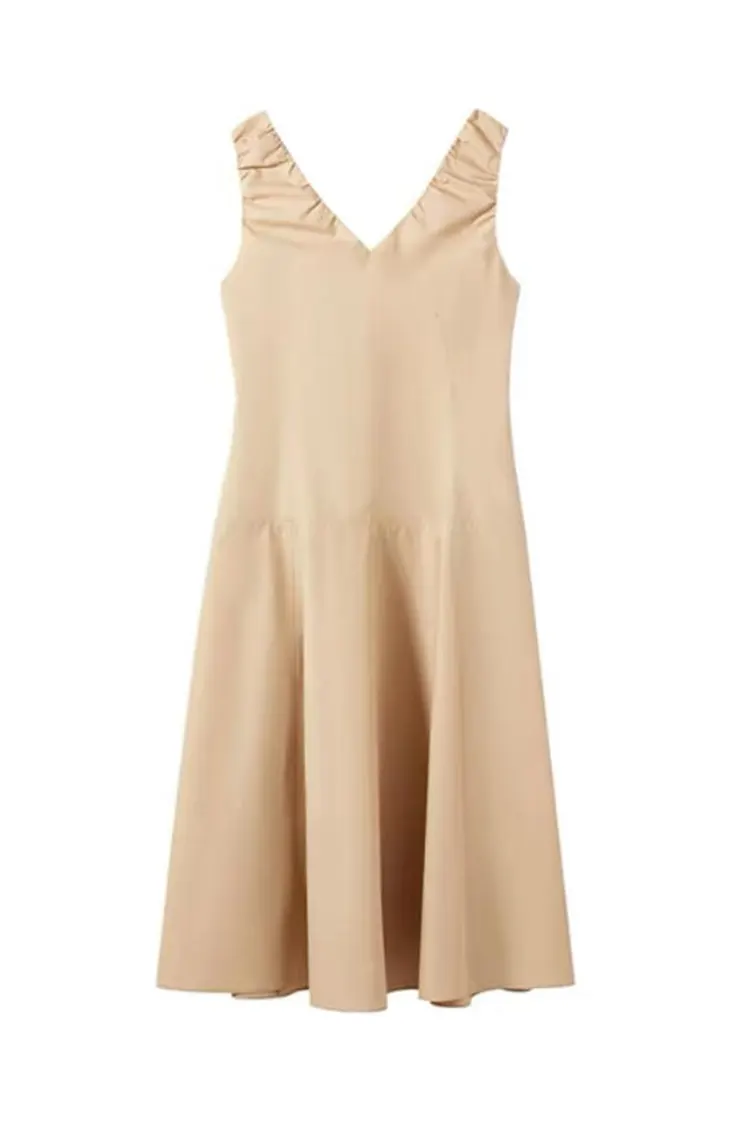 Nieuwe kaki kantoorjurk zonder mouwen met V-hals voor dames